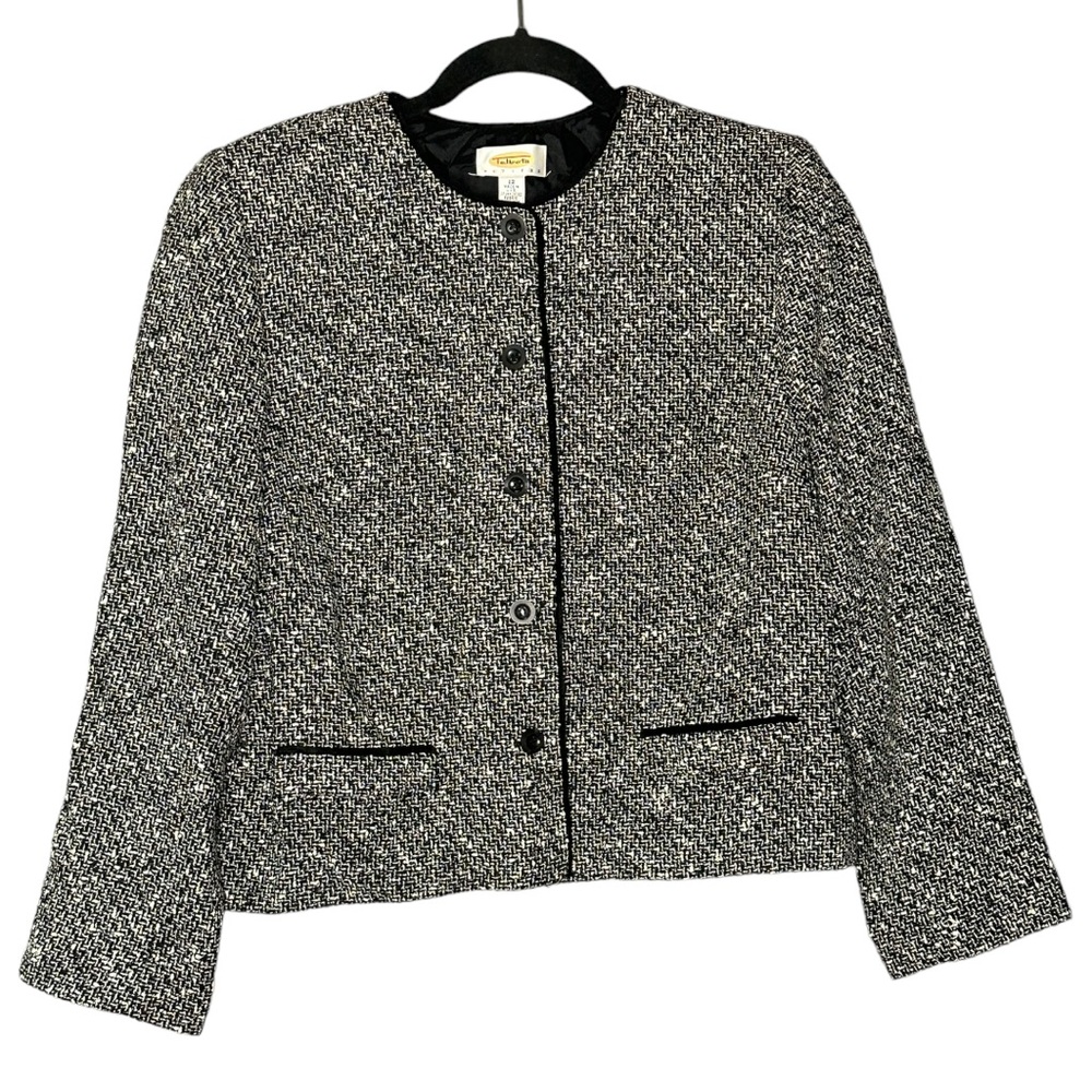 Talbots Black White Marled Textured 3/4 Sleeve‎ Blazer Jacket Size 12 Petite New